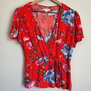 Mi Ami Red Floral Peplum Top Short Sleeve Small Wrap V-neck Feminine Coquette